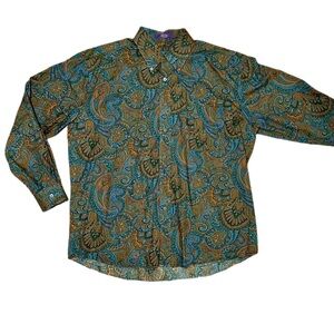 Alan Flusser Teal, Brown & Blue Paisley Cotton Button Down Shirt